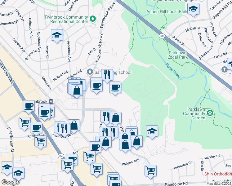 map of restaurants, bars, coffee shops, grocery stores, and more near 5601 Fishers Lane in Rockville
