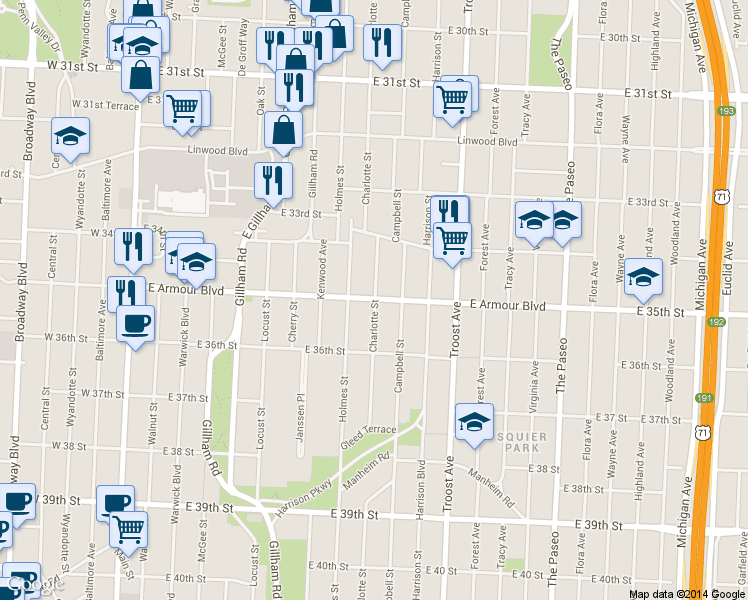 map of restaurants, bars, coffee shops, grocery stores, and more near 801 East Armour Boulevard in Kansas City