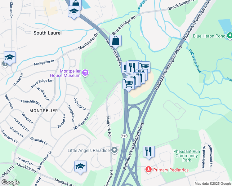 map of restaurants, bars, coffee shops, grocery stores, and more near 9689 Muirkirk Road in Laurel