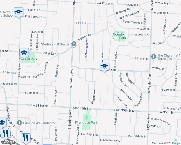map of restaurants, bars, coffee shops, grocery stores, and more near 3209 South Vermont Avenue in Independence