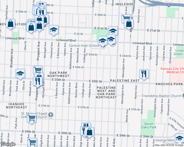 map of restaurants, bars, coffee shops, grocery stores, and more near 3433 Indiana Avenue in Kansas City