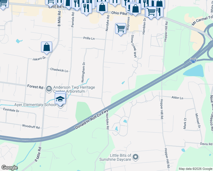 map of restaurants, bars, coffee shops, grocery stores, and more near 8692 Forestpine Drive in Cincinnati