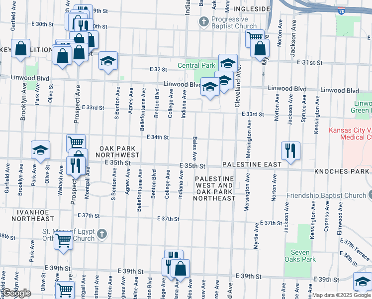 map of restaurants, bars, coffee shops, grocery stores, and more near 3433 Indiana Avenue in Kansas City
