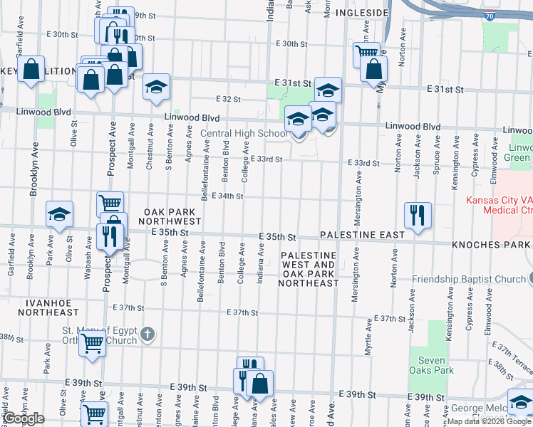map of restaurants, bars, coffee shops, grocery stores, and more near 3433 Indiana Avenue in Kansas City