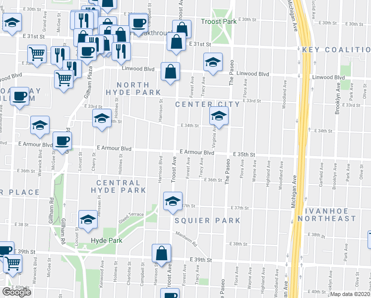 map of restaurants, bars, coffee shops, grocery stores, and more near 1205 East Armour Boulevard in Kansas City