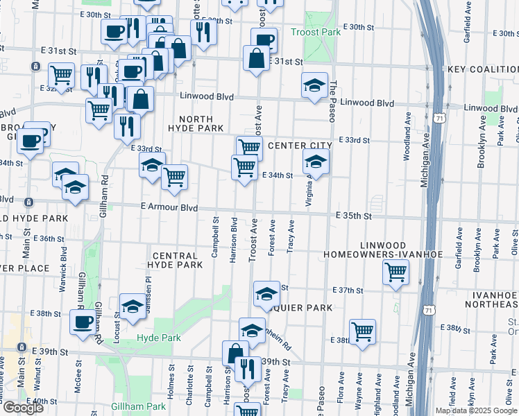 map of restaurants, bars, coffee shops, grocery stores, and more near 3500 Troost Avenue in Kansas City