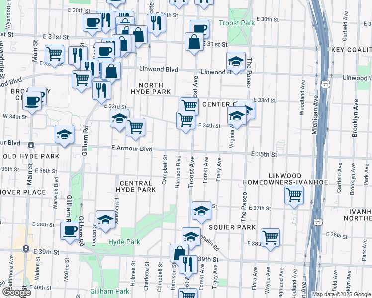 map of restaurants, bars, coffee shops, grocery stores, and more near 3500 Troost Avenue in Kansas City