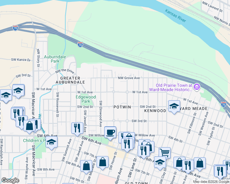 map of restaurants, bars, coffee shops, grocery stores, and more near 207 SW Woodlawn Ave in Topeka