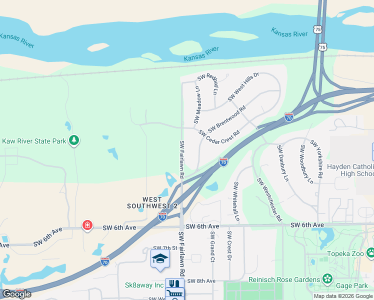 map of restaurants, bars, coffee shops, grocery stores, and more near 201-349 Southwest Fairlawn Road in Topeka