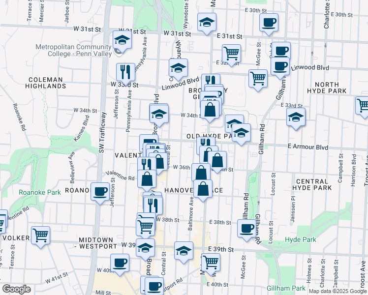 map of restaurants, bars, coffee shops, grocery stores, and more near 3509 Wyandotte Street in Kansas City