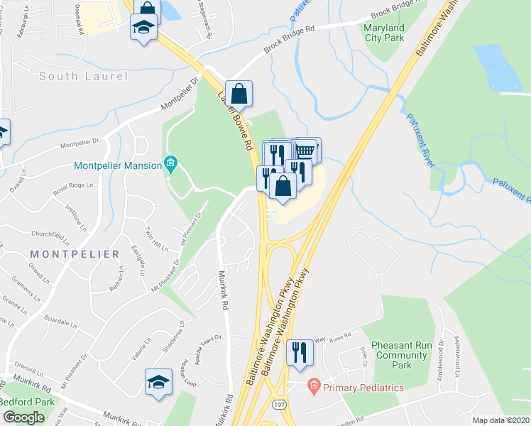 map of restaurants, bars, coffee shops, grocery stores, and more near 12635 Laurel Bowie Road in Laurel