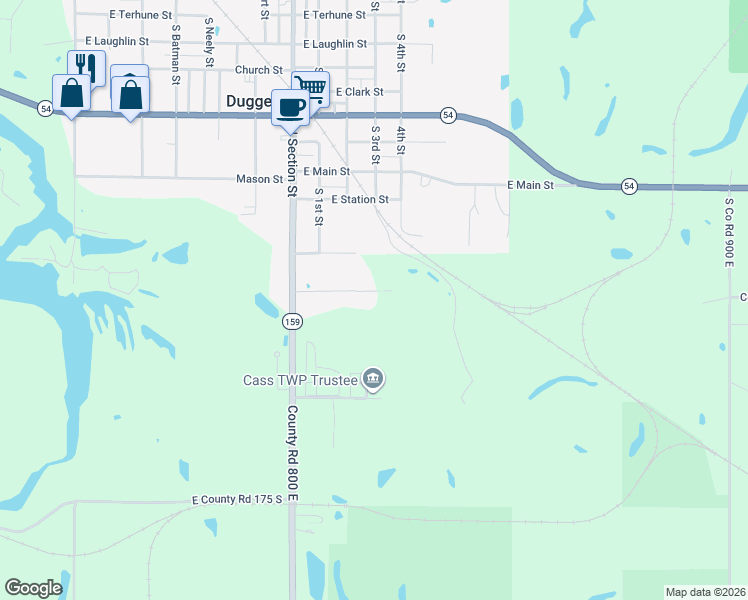 map of restaurants, bars, coffee shops, grocery stores, and more near 8158 East County Road 125 South in Dugger