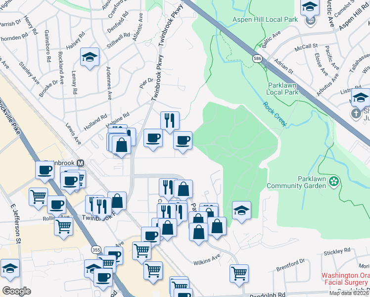 map of restaurants, bars, coffee shops, grocery stores, and more near 5601 Fishers Lane in Rockville