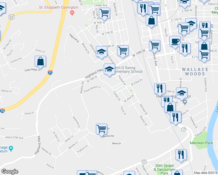 map of restaurants, bars, coffee shops, grocery stores, and more near 2041 Franklin Street in Covington
