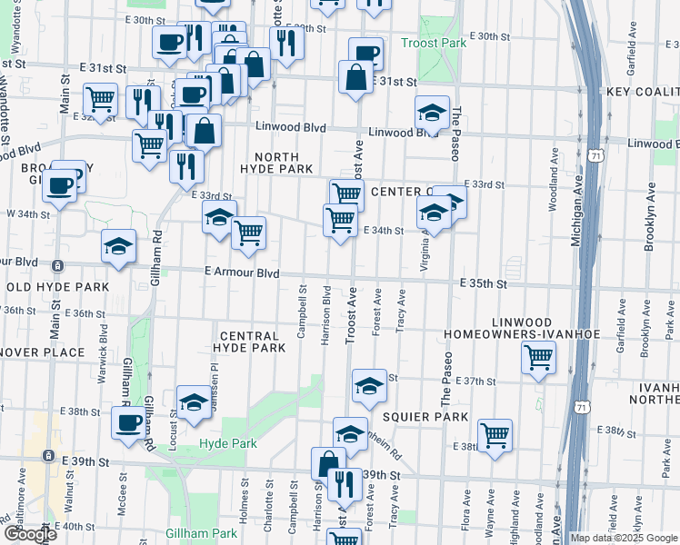 map of restaurants, bars, coffee shops, grocery stores, and more near 3500 Troost Avenue in Kansas City