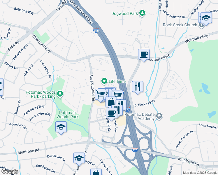 map of restaurants, bars, coffee shops, grocery stores, and more near 1233 Northside Park Boulevard in Potomac