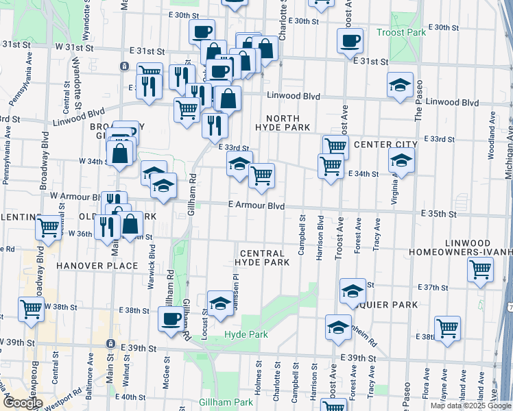 map of restaurants, bars, coffee shops, grocery stores, and more near East Armour Boulevard in Kansas City