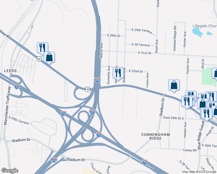 map of restaurants, bars, coffee shops, grocery stores, and more near U.S. 40 & Donnelly Ave in Kansas City