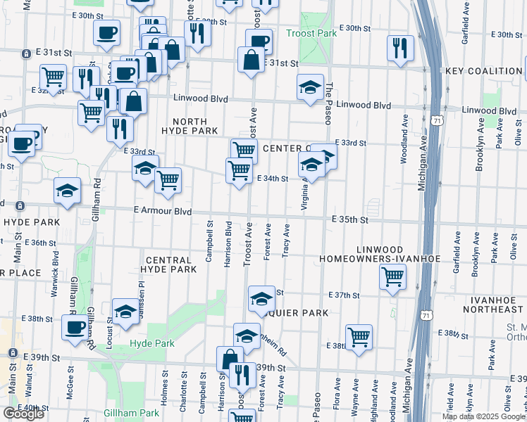 map of restaurants, bars, coffee shops, grocery stores, and more near 1205 East Armour Boulevard in Kansas City