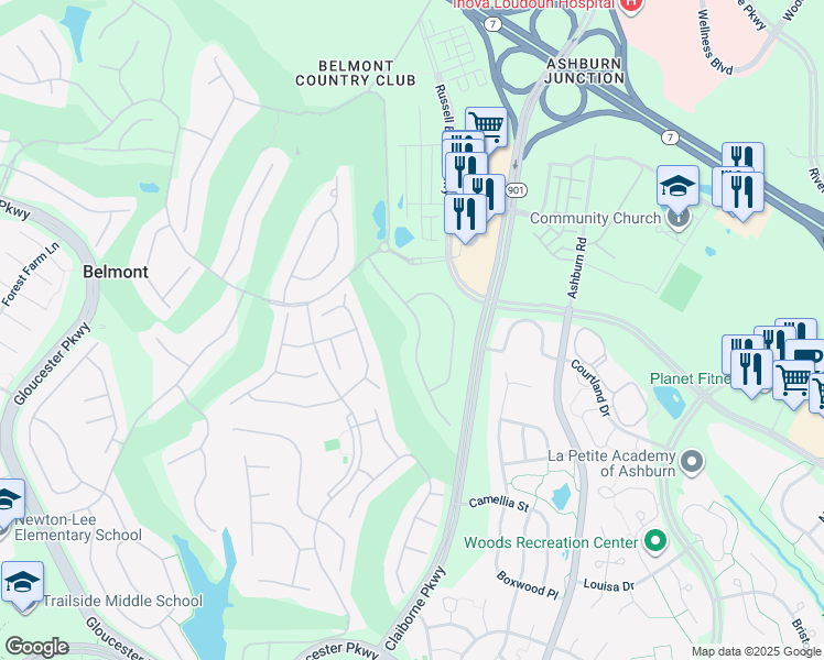 map of restaurants, bars, coffee shops, grocery stores, and more near 19933 Augusta Village Place in Ashburn