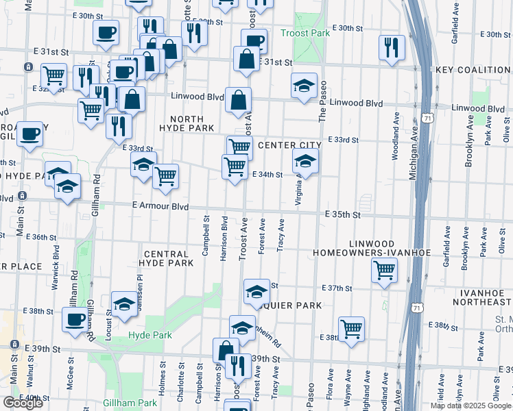 map of restaurants, bars, coffee shops, grocery stores, and more near 1110 East Armour Boulevard in Kansas City