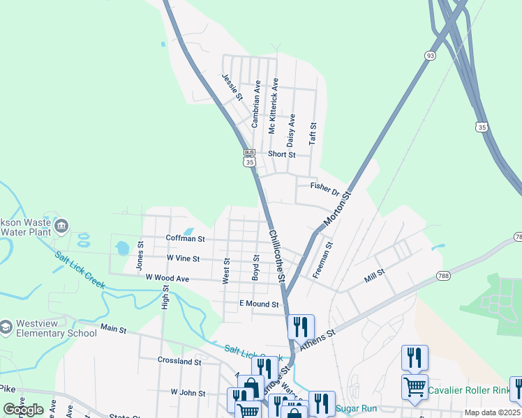 map of restaurants, bars, coffee shops, grocery stores, and more near 405 Chillicothe Street in Jackson