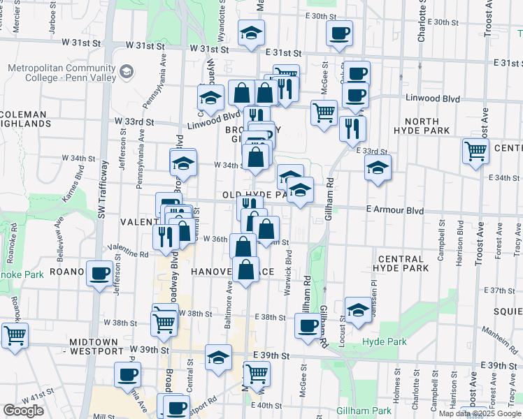 map of restaurants, bars, coffee shops, grocery stores, and more near 3517 Main Street in Kansas City