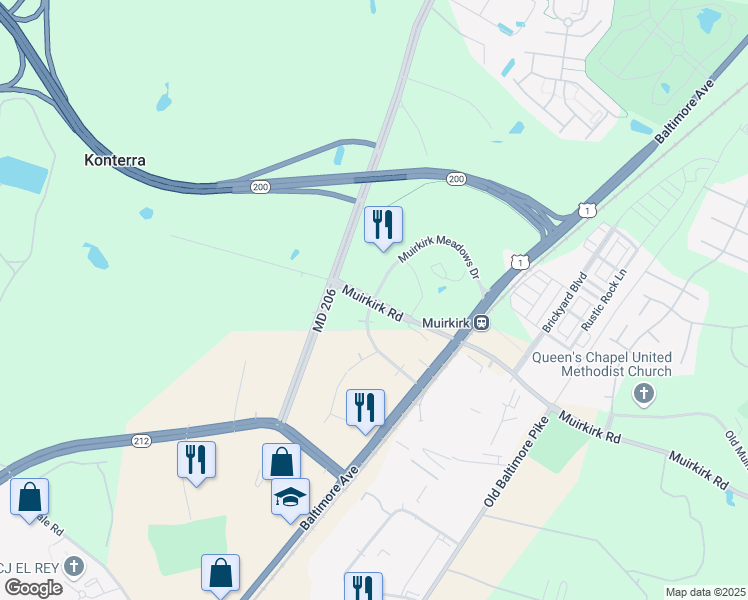 map of restaurants, bars, coffee shops, grocery stores, and more near Muirkirk Meadows Drive in Beltsville