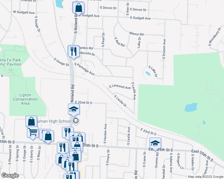 map of restaurants, bars, coffee shops, grocery stores, and more near 501 East Linwood Terrace in Independence
