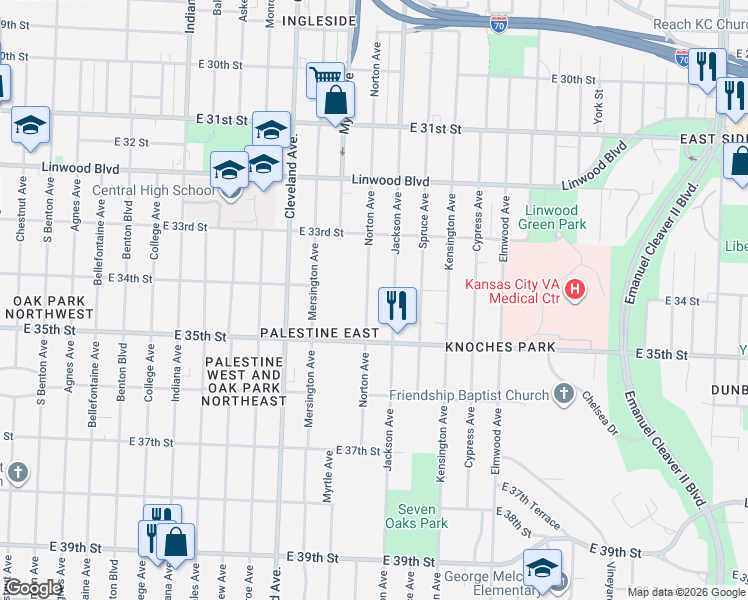 map of restaurants, bars, coffee shops, grocery stores, and more near 3426 Norton Avenue in Kansas City