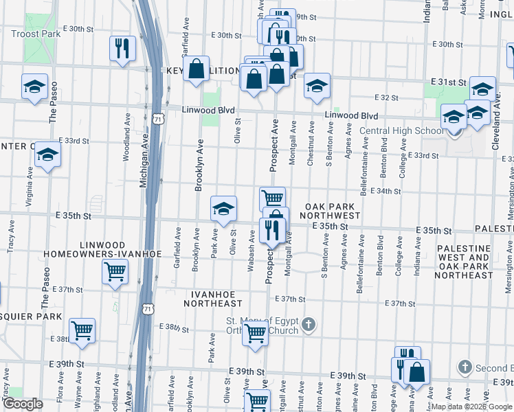 map of restaurants, bars, coffee shops, grocery stores, and more near 3441 Wabash Avenue in Kansas City
