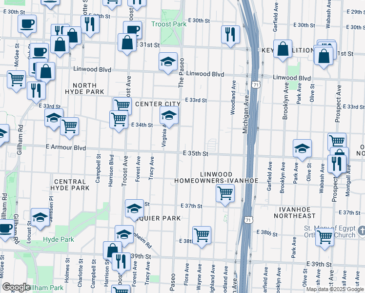 map of restaurants, bars, coffee shops, grocery stores, and more near 1415 East 35th Street in Kansas City