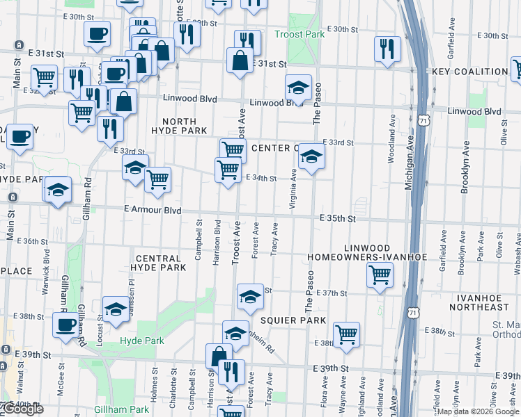 map of restaurants, bars, coffee shops, grocery stores, and more near 1205 East Armour Boulevard in Kansas City