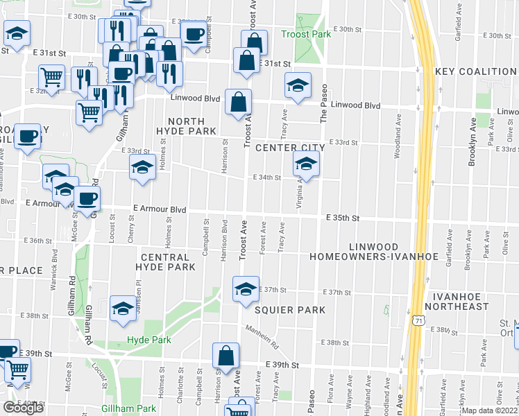 map of restaurants, bars, coffee shops, grocery stores, and more near 1205 East Armour Boulevard in Kansas City