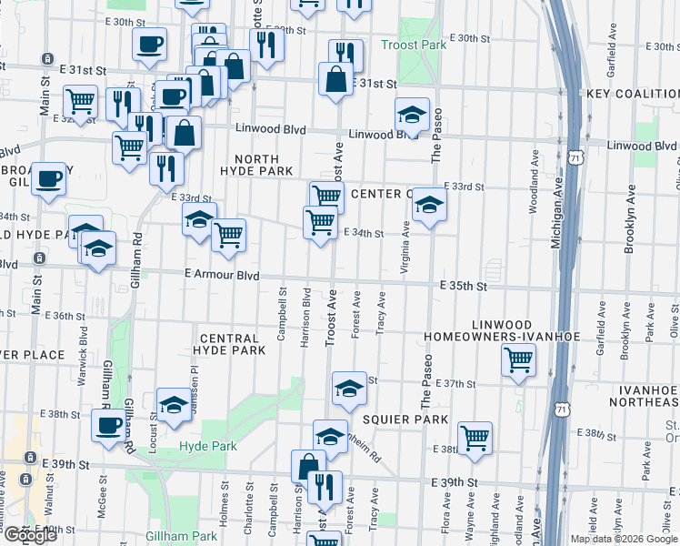 map of restaurants, bars, coffee shops, grocery stores, and more near 3500 Troost Avenue in Kansas City