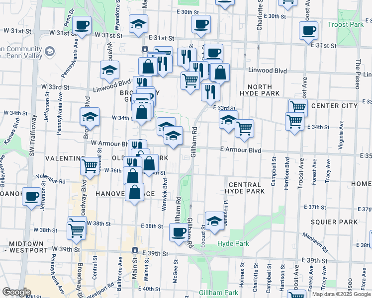 map of restaurants, bars, coffee shops, grocery stores, and more near 3511 Gillham Road in Kansas City