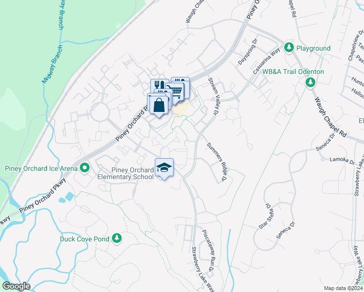 map of restaurants, bars, coffee shops, grocery stores, and more near 2440 Blue Spring Court in Odenton