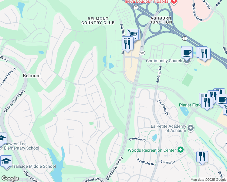 map of restaurants, bars, coffee shops, grocery stores, and more near 19933 Augusta Village Place in Ashburn