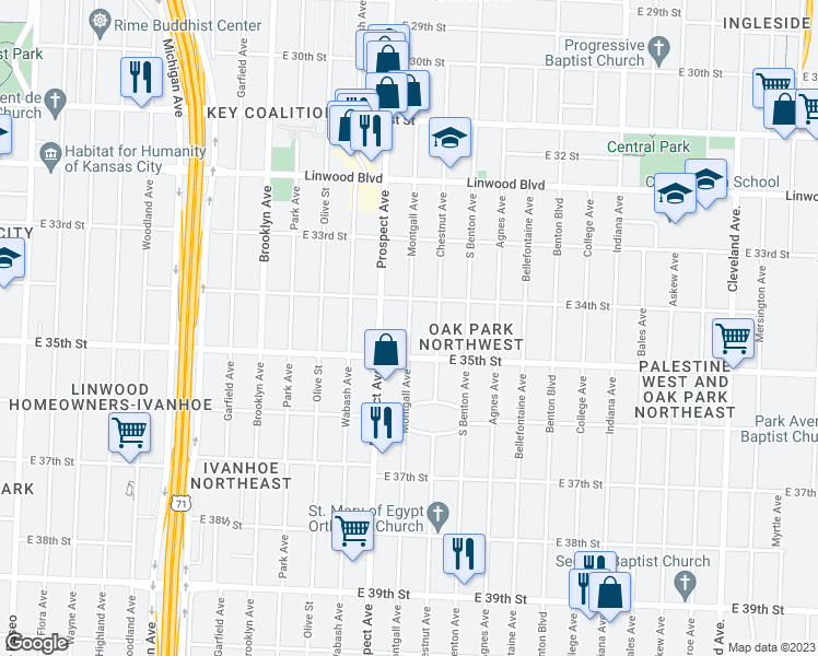 map of restaurants, bars, coffee shops, grocery stores, and more near 3427 Montgall Avenue in Kansas City