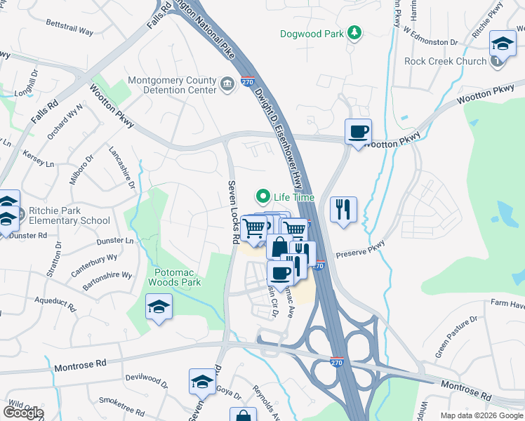 map of restaurants, bars, coffee shops, grocery stores, and more near 1151 Seven Locks Rd in Rockville