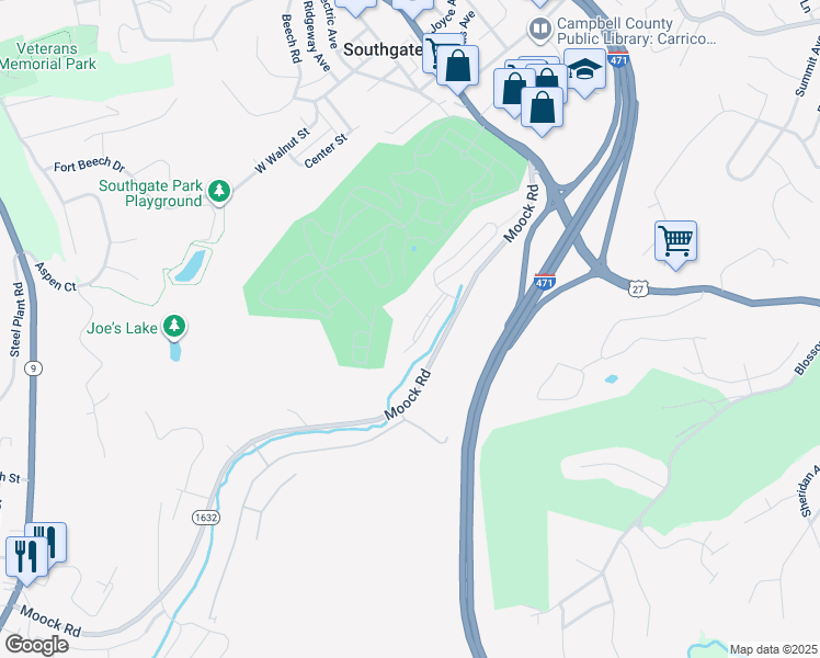 map of restaurants, bars, coffee shops, grocery stores, and more near 227 Moock Road in Southgate