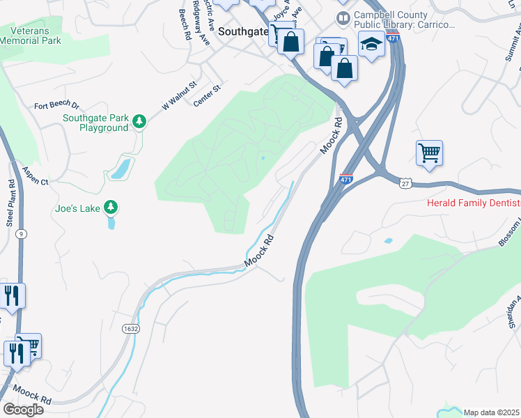 map of restaurants, bars, coffee shops, grocery stores, and more near 227 Moock Road in Southgate