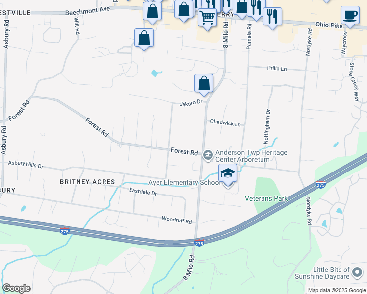 map of restaurants, bars, coffee shops, grocery stores, and more near 8281 Forest Road in Cincinnati