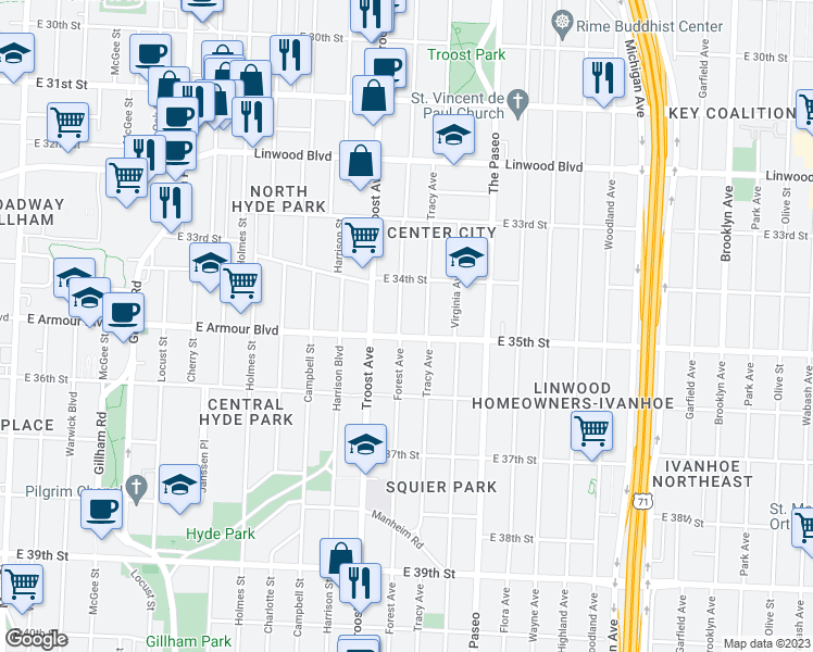 map of restaurants, bars, coffee shops, grocery stores, and more near 1205 East Armour Boulevard in Kansas City