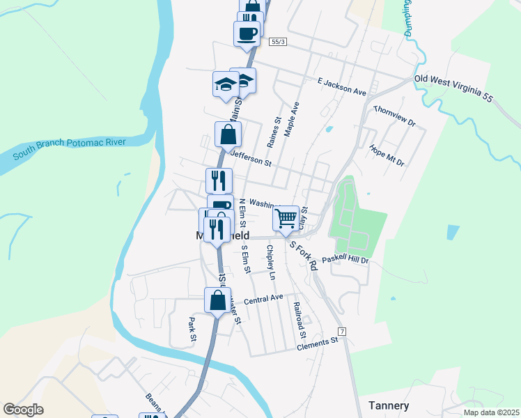 map of restaurants, bars, coffee shops, grocery stores, and more near 209 Washington Street in Moorefield