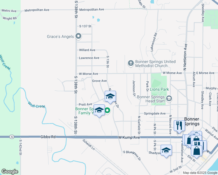 map of restaurants, bars, coffee shops, grocery stores, and more near 478 North Bluegrass Drive in Bonner Springs