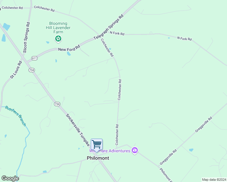 map of restaurants, bars, coffee shops, grocery stores, and more near 20055 Colchester Road in Purcellville