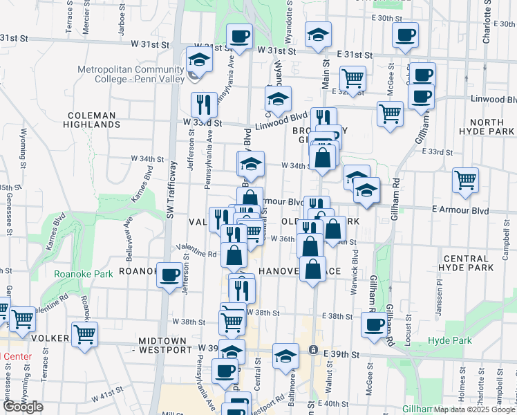 map of restaurants, bars, coffee shops, grocery stores, and more near 301 West Armour Boulevard in Kansas City