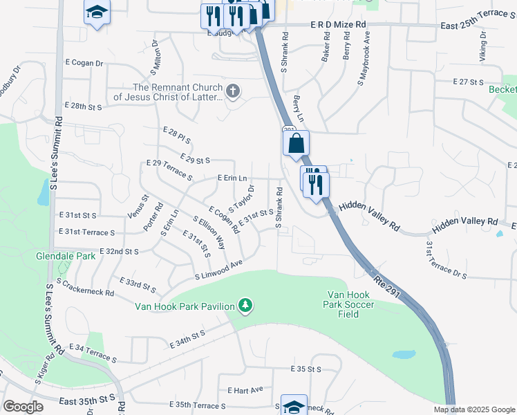 map of restaurants, bars, coffee shops, grocery stores, and more near 17013 East 31 Street South in Independence