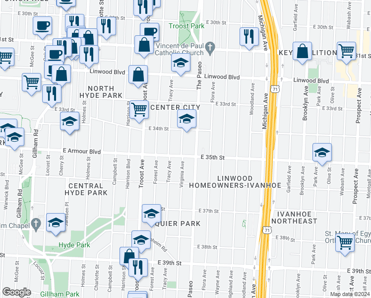map of restaurants, bars, coffee shops, grocery stores, and more near in Kansas City